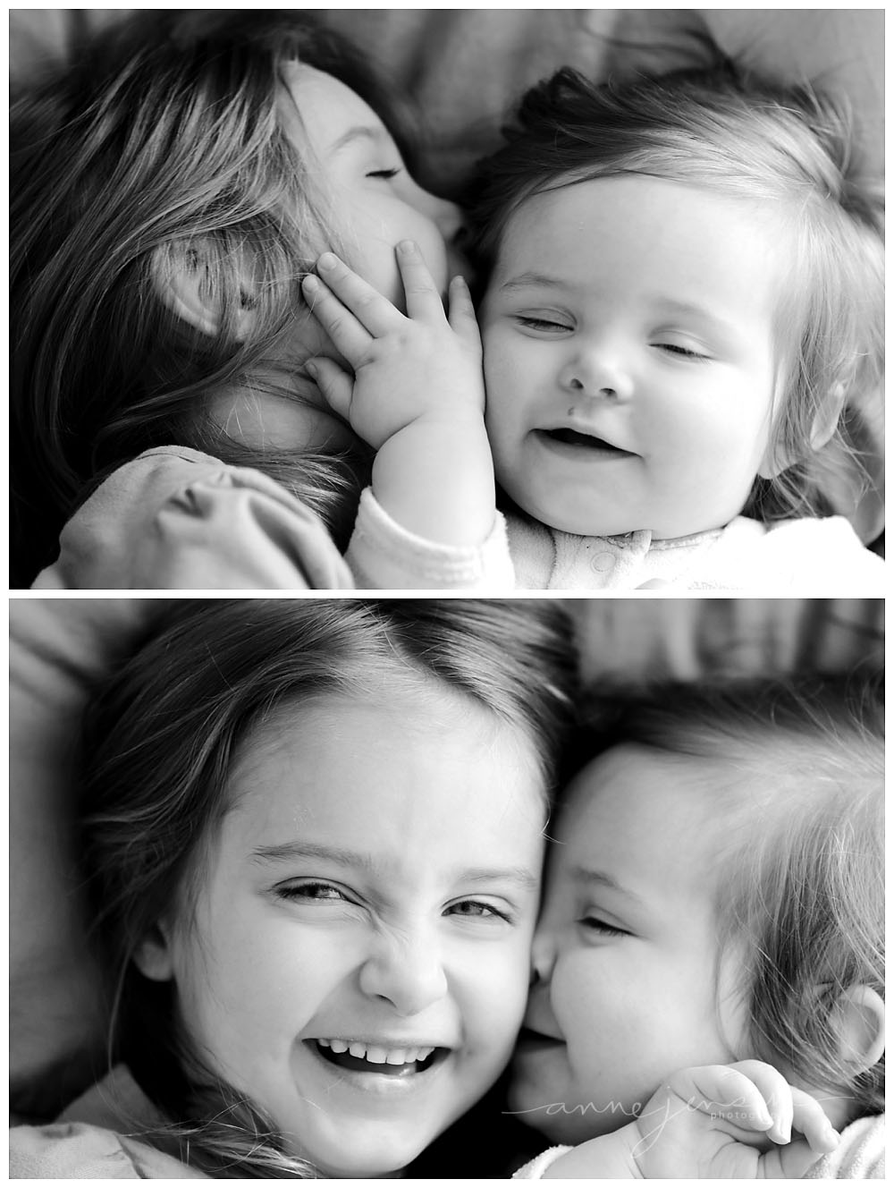black and white conversion image of two sisters laughing together