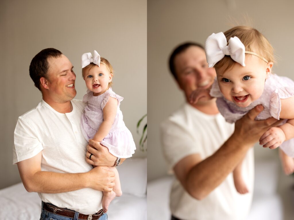 baby girl first birthday photos with dad at an indoor photography studio in Colorado Springs