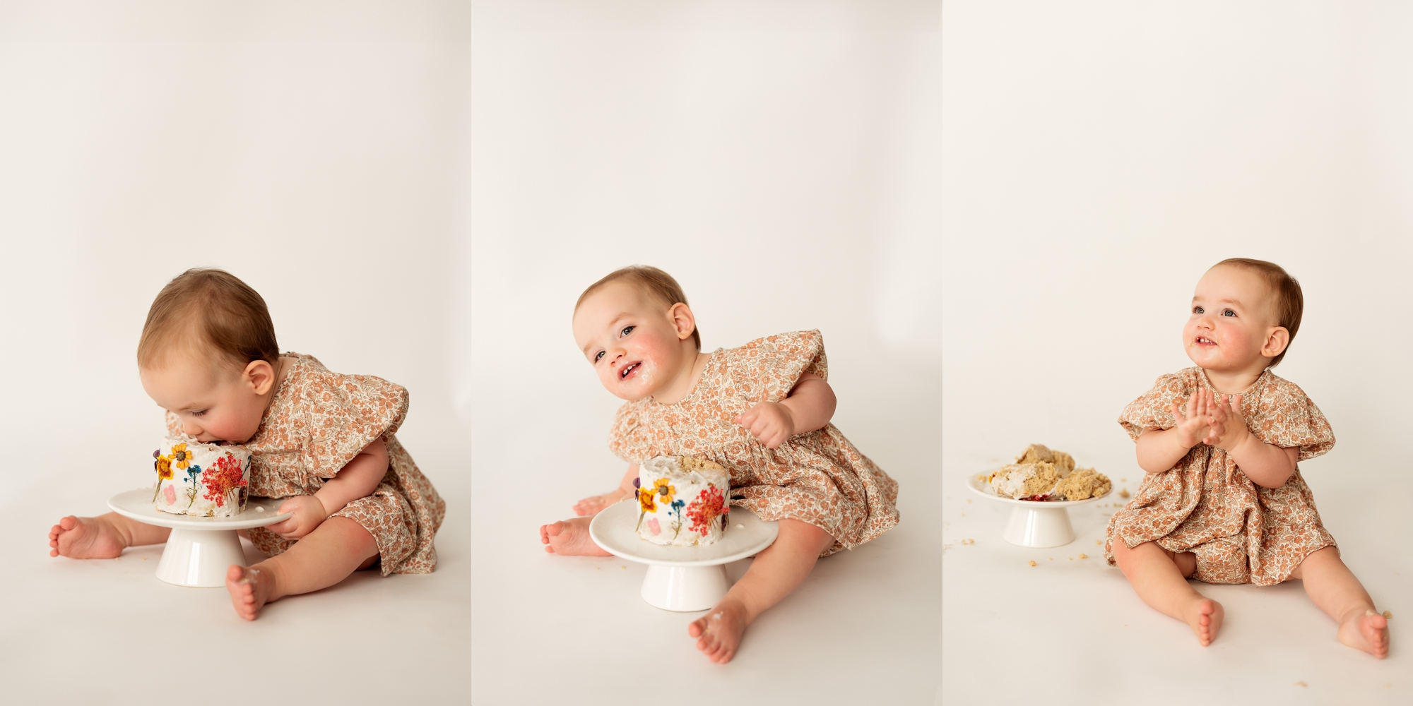 studio photos in Colorado Springs at kindle studio of a baby girl on her first birthday with a cake smash