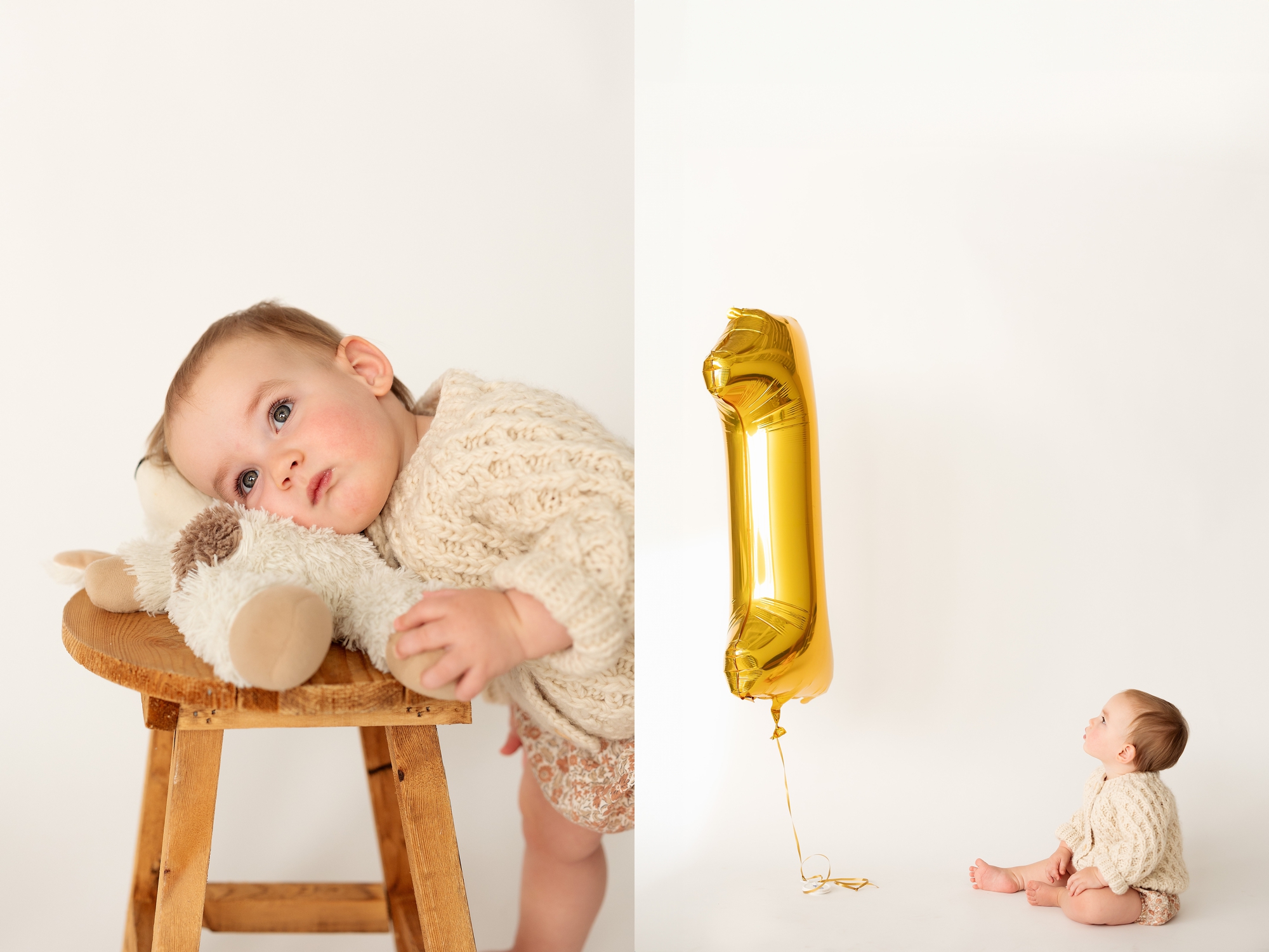 studio photos in Colorado Springs at kindle studio of a baby girl on her first birthday with a number one balloon